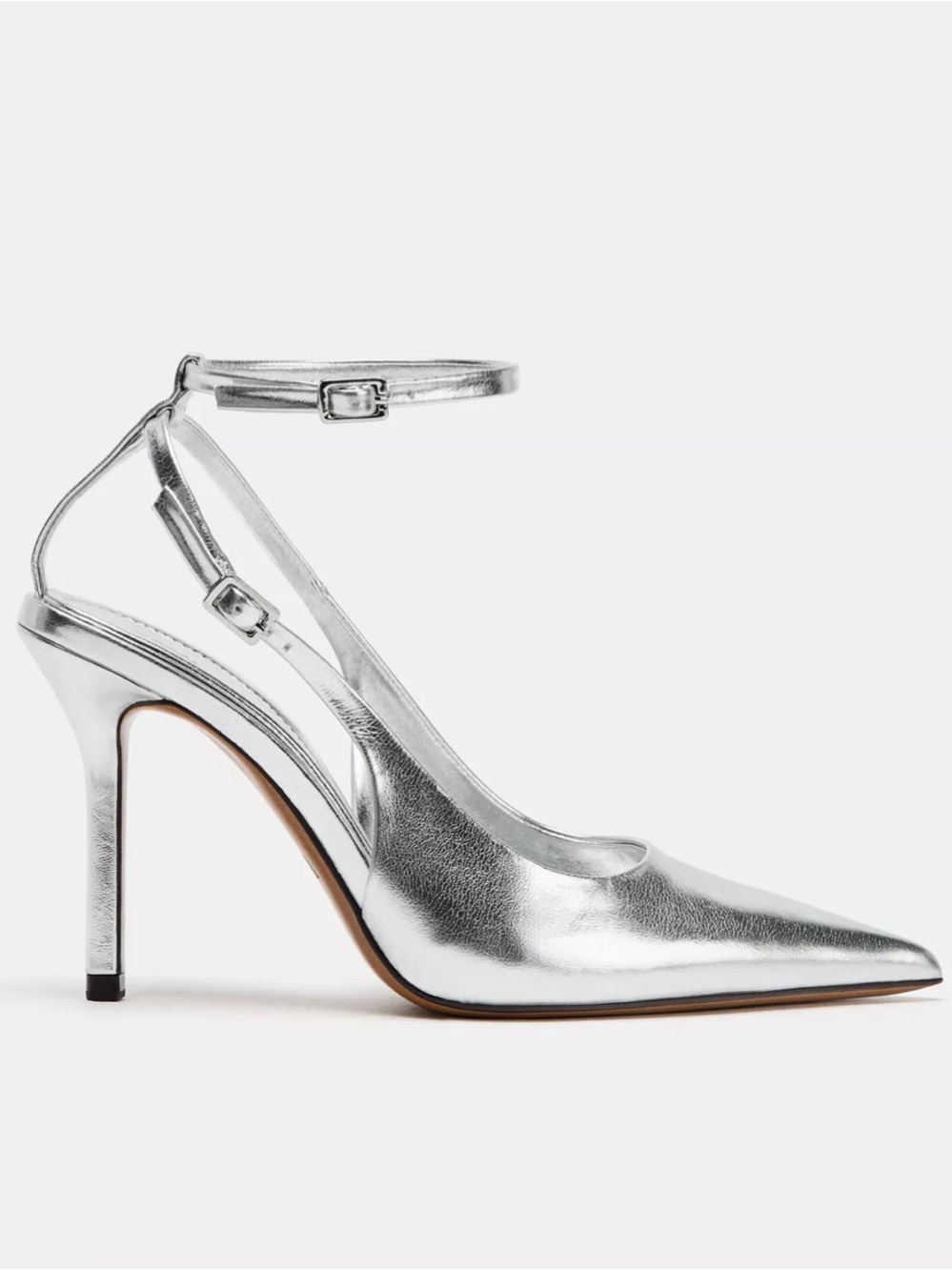Zara Metallic Silver Pointed-Ankle Strap Pumps - Picture 2 of 5